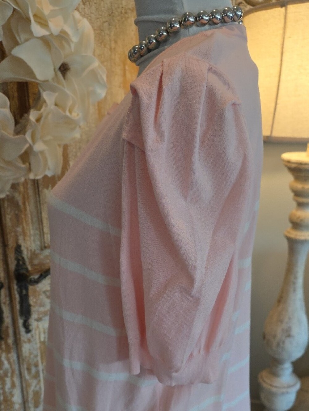 Anne Klein Pink and White Striped Short Sleeve Puff Top - Picture 8 of 10